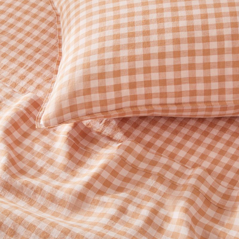 Vintage Washed Linen Caramel & Pink Check Sheet Separates