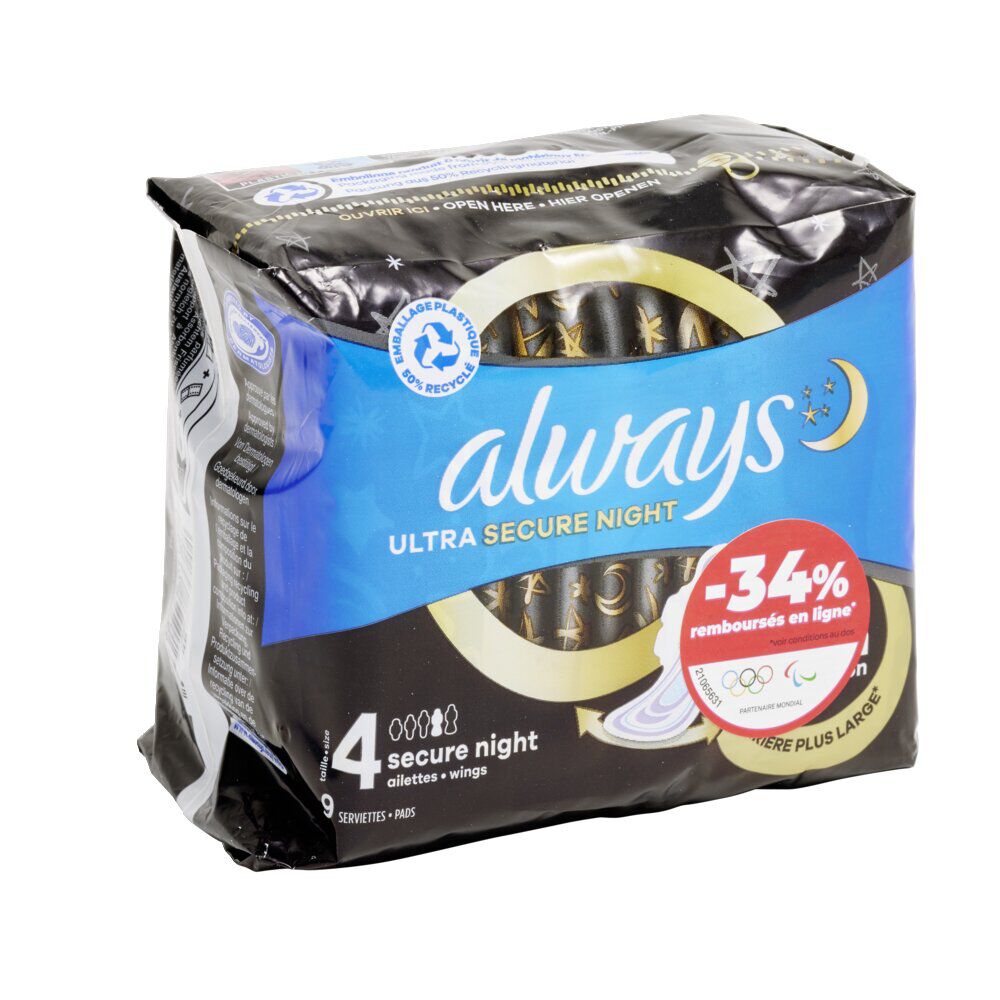 Serviette hygiénique x9 avec ailettes Always ultra secure nuit