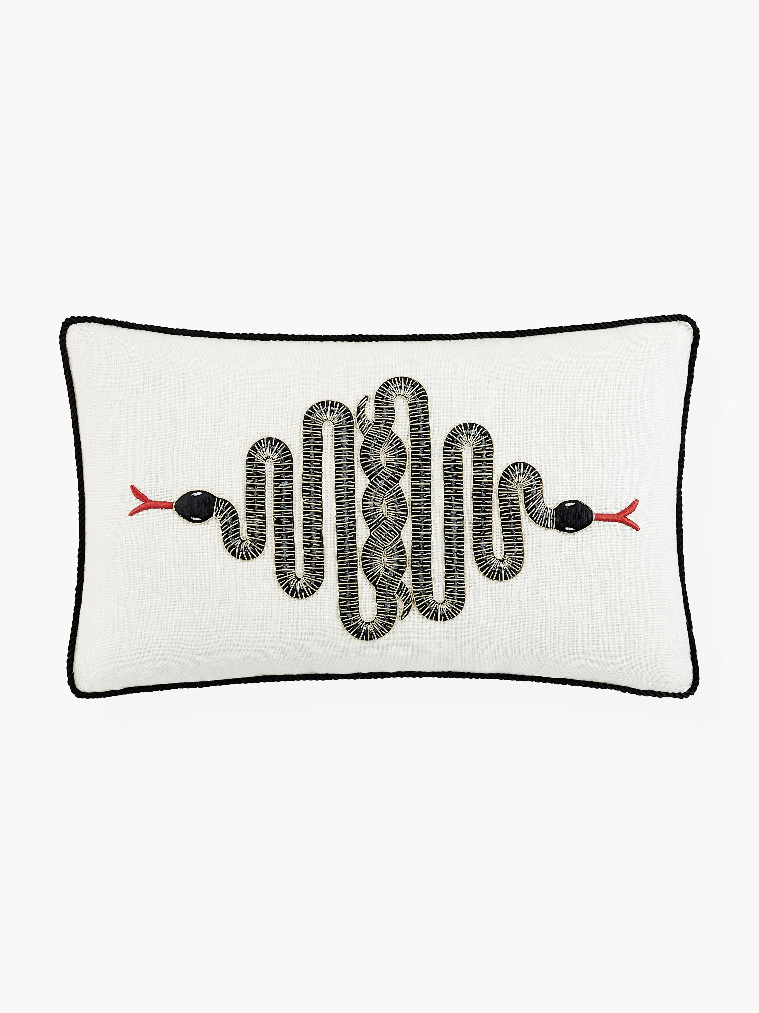 Handbesticktes Leinen-Kissen Snake