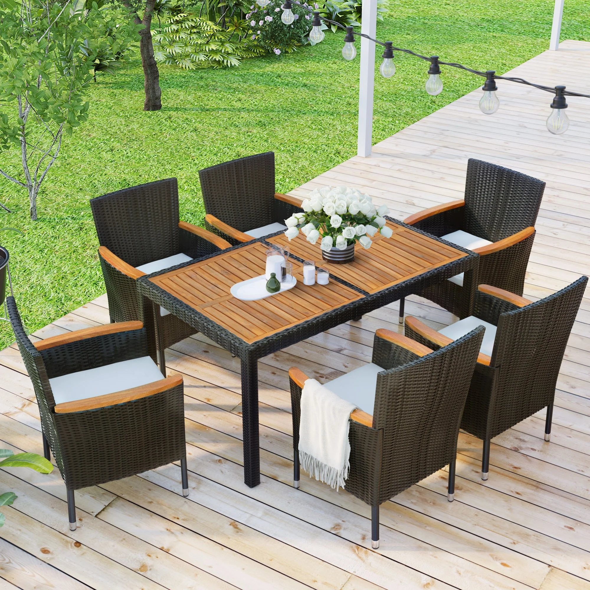 Modern 7-Piece Outdoor Rattan Dining Set, Upholstered Chairs with Armrests and Backrests, Ideal for Backyard, Garden, and Patio