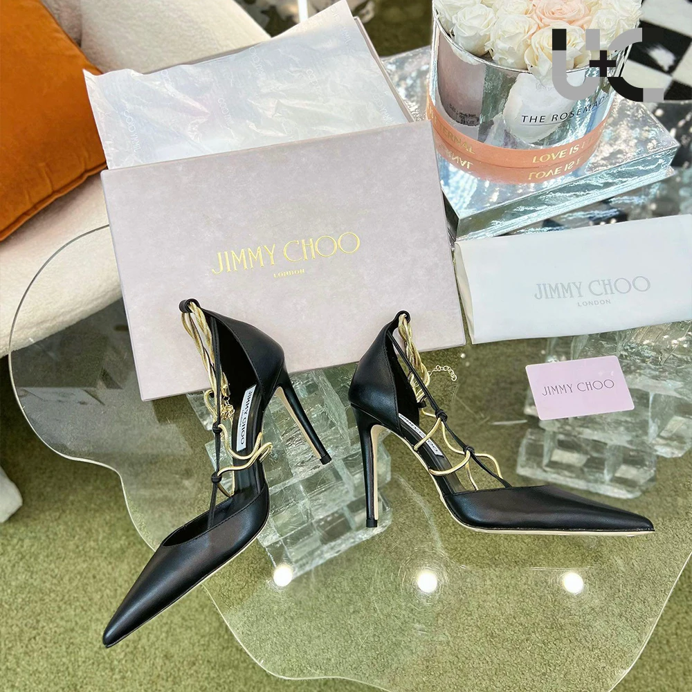 Jimmy Choo Sheepskin Spaghetti Strap Chain  Heels