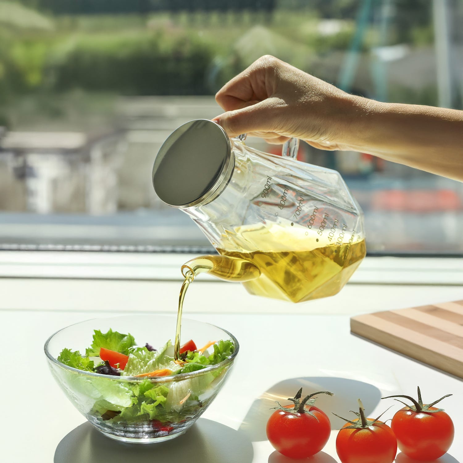 Oliera 900 ml in vetro borosilicato e tappo in acciaio inox