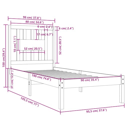 NNEVL Bed Frame Solid Wood 90x190 cm 3FT Single