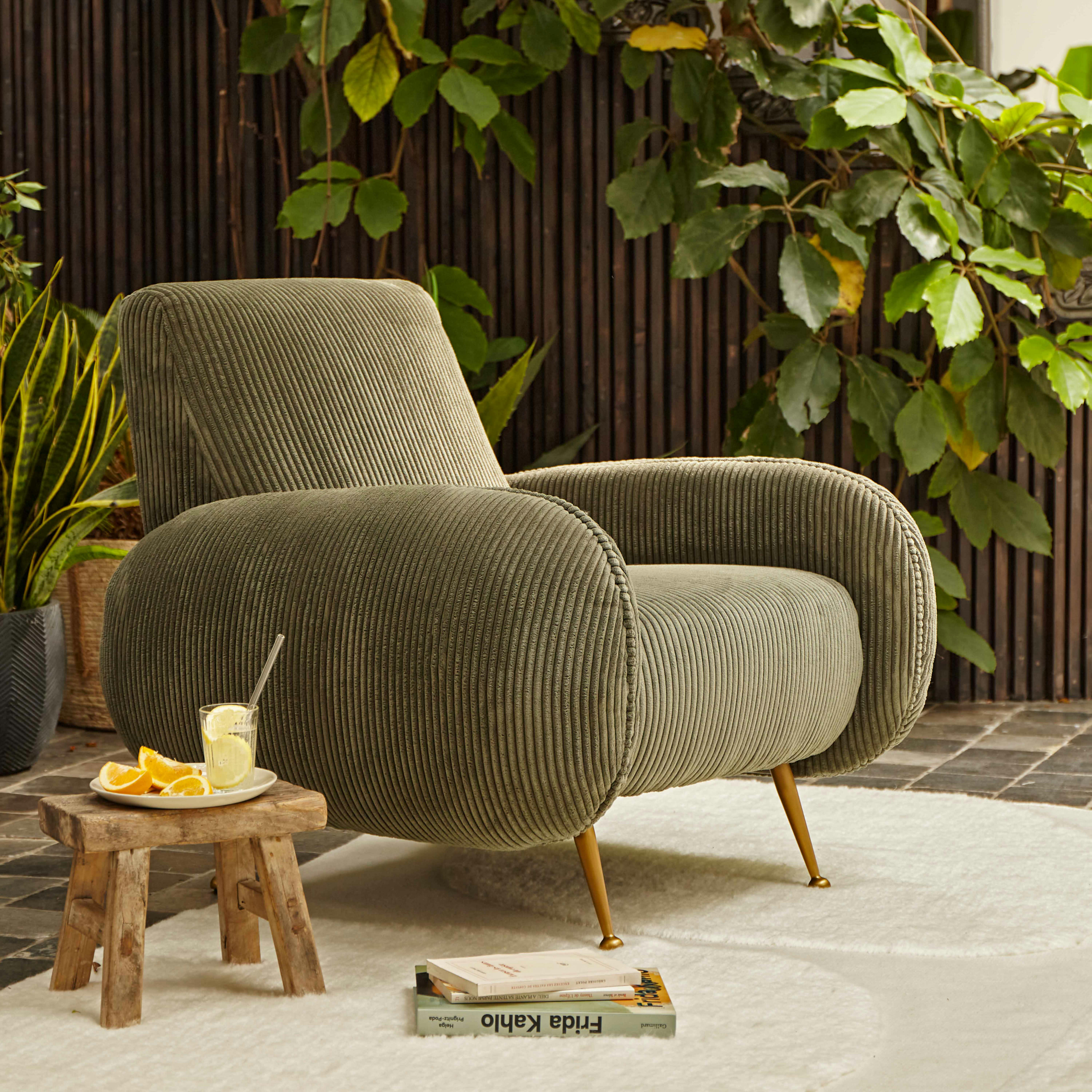 SVEN - Fauteuil en velours vintage vert kaki
