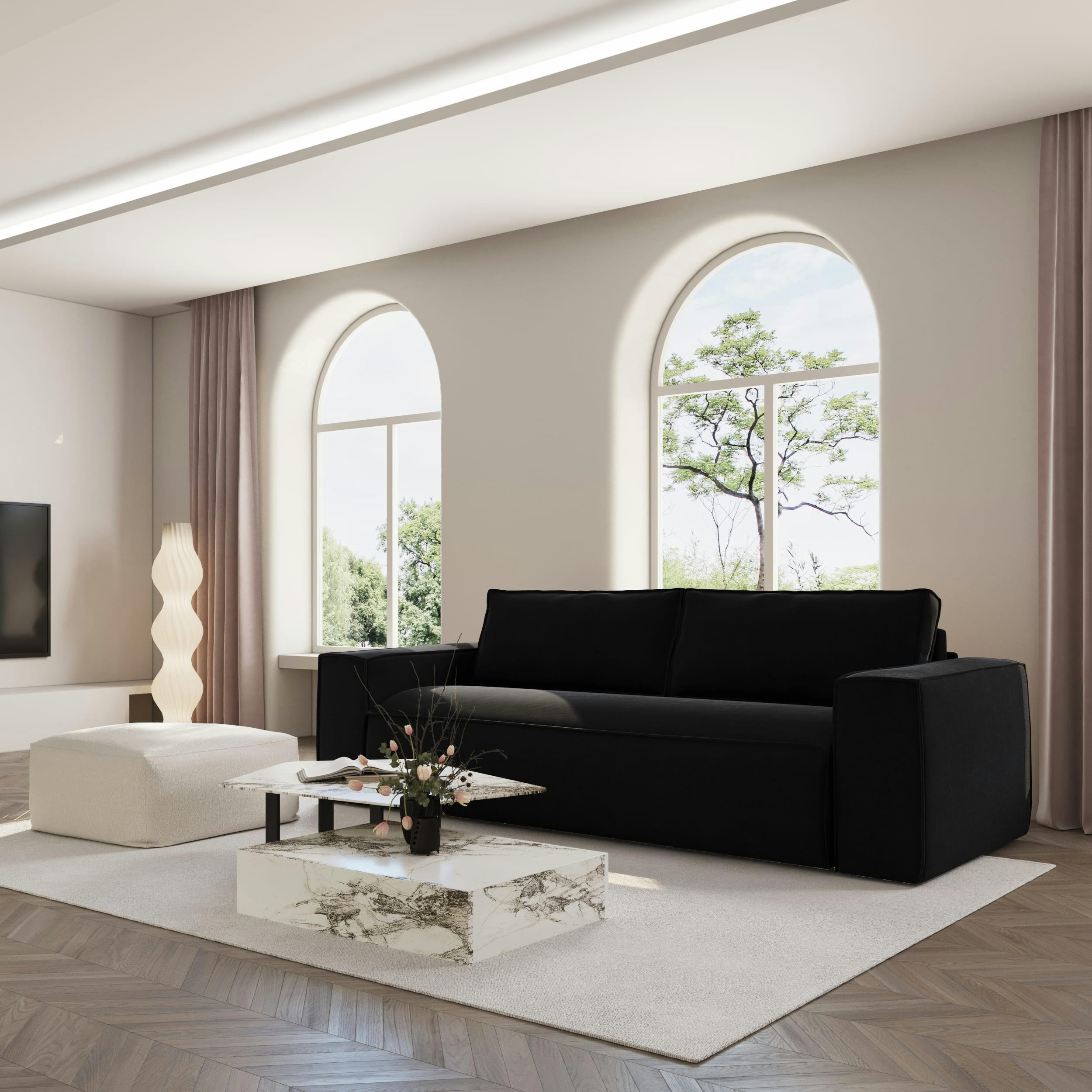 JOAN - Canapé convertible express dunlopillo velours noir 140cm