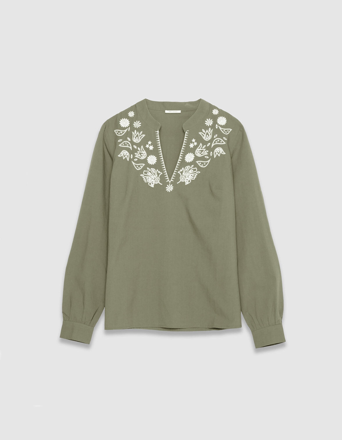 Blouse kaki coton bio broderies plastron Femme