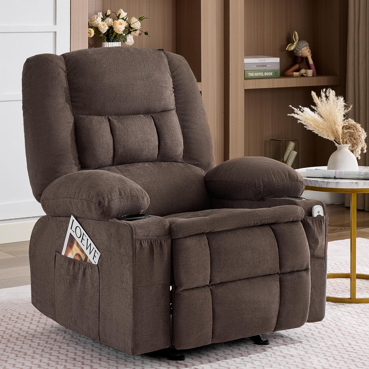 Rocker Recliner Chair with Massage and Heat, Nursery Rocking Chairs for Living Room, Ergonomic Comfy Relining Chair with Cup Holders, USB Charge Port, Side Pockets, Recliner Sofa, Brown