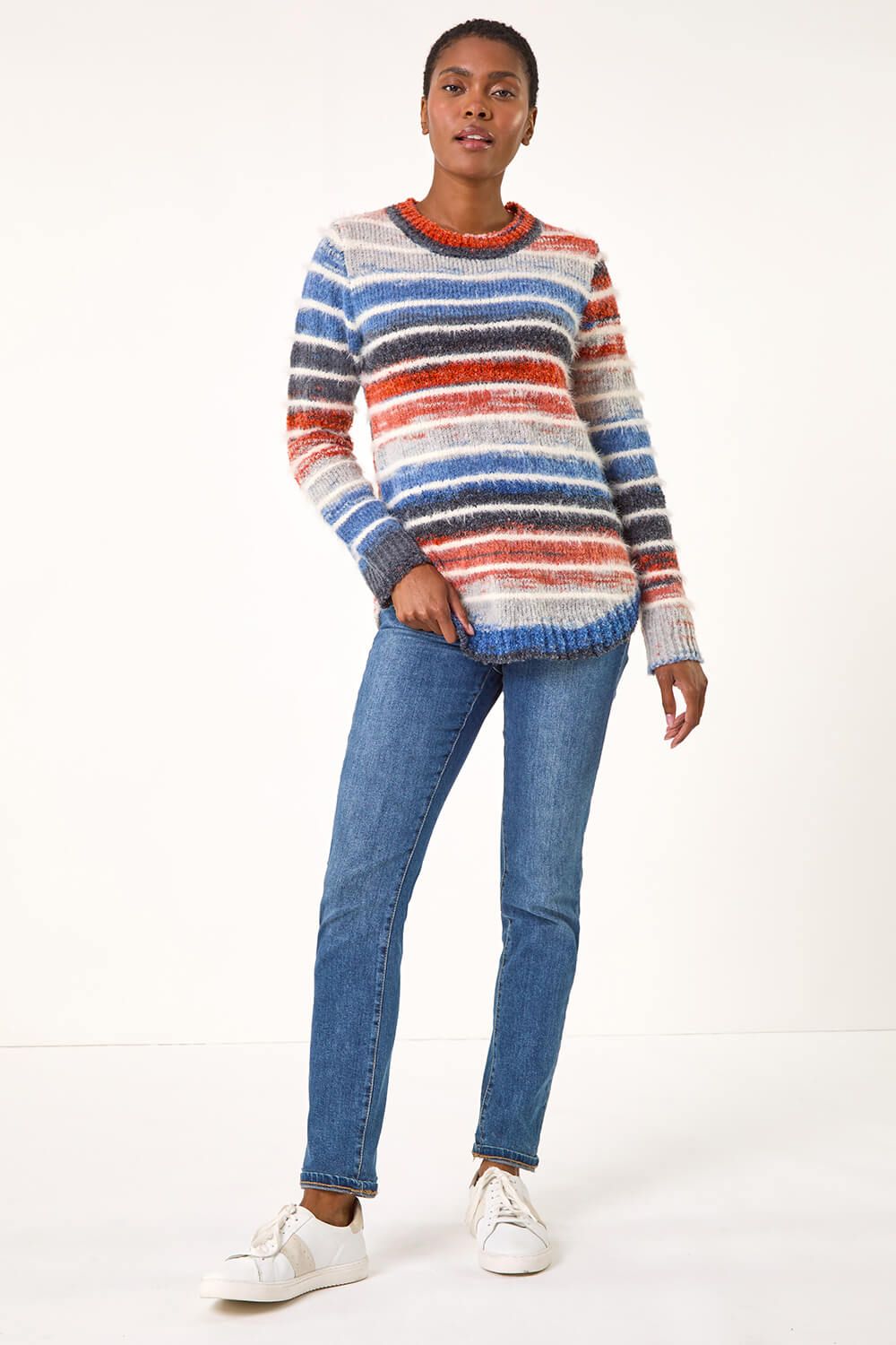 Roman Fluffy Striped Curve Hem Jumper
