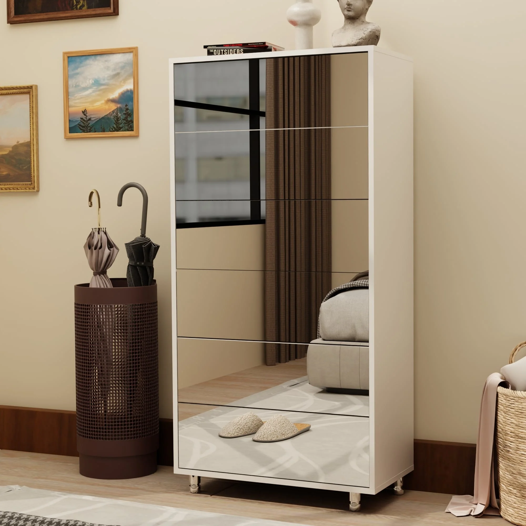 Mirror Shoe Cabinet With 6 Flip Drawers,Shoe Rack Organizer Store Ample Shoes,4 Metal Legs,Hand-Touch Flip-Out Door