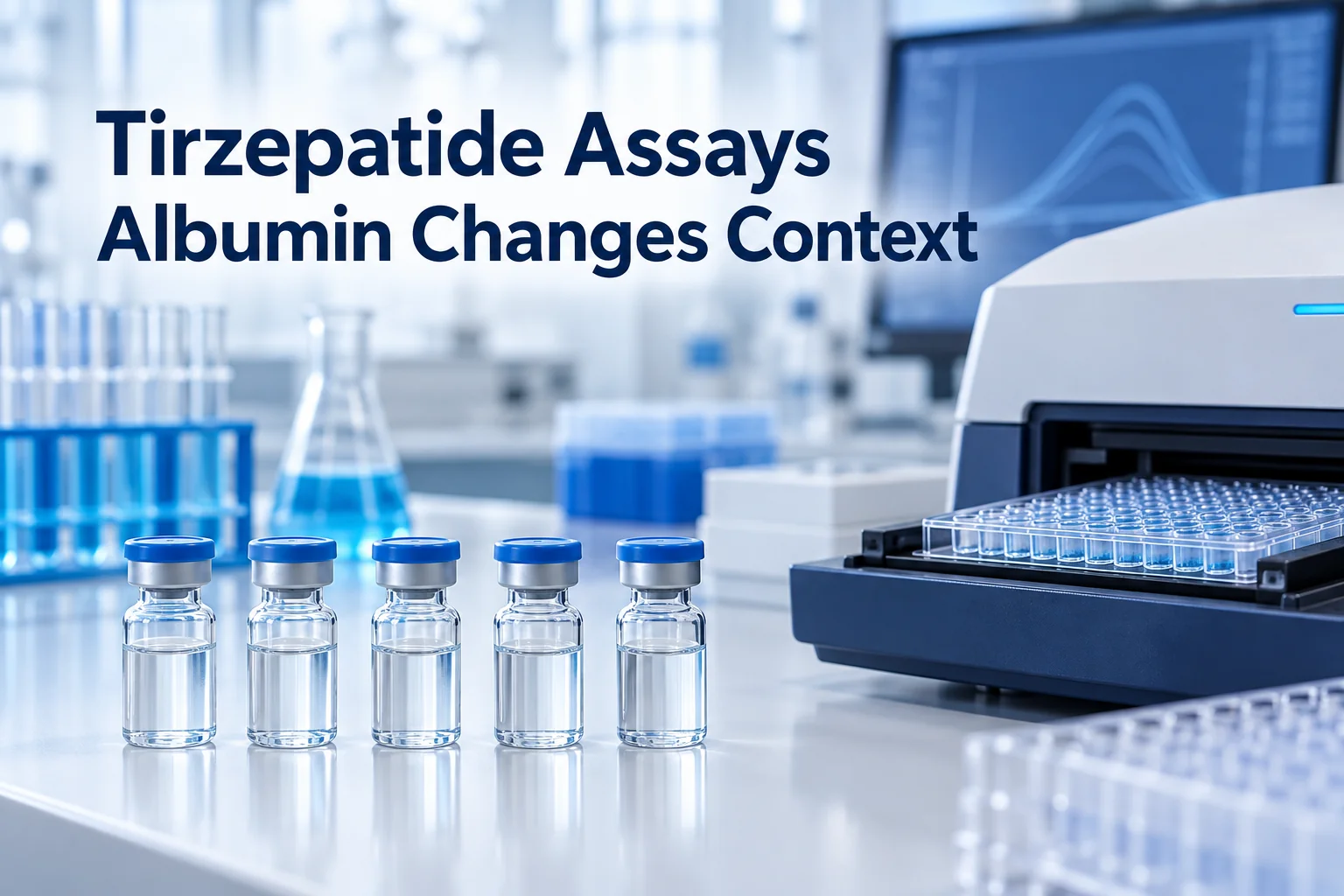 Laboratory bench with multiple peptide vials, a microplate reader, and a concise albumin-assay comparison card for tirzepatide.