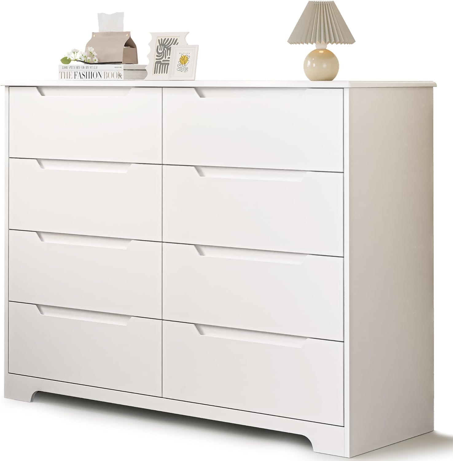 Gizoon 8 Drawer Dresser, 47 Wide White Dresser for Bedroom with Cut-Out Handles, Modern Wooden Chest of Drawers with Anti-Tip Kit, for Living Room, Hallway, Entryway, Home Office