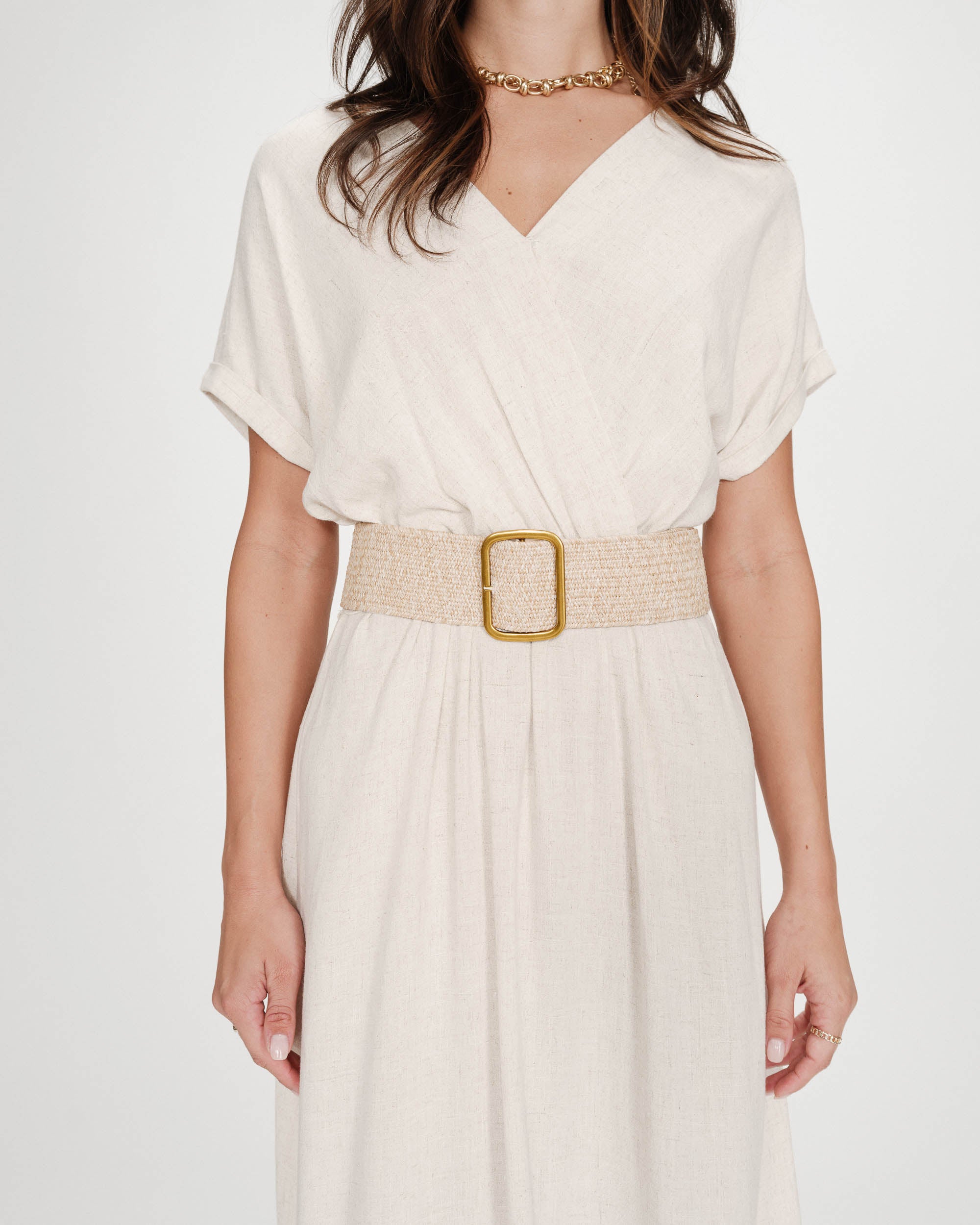 Ceinture tissée boucle carrée dorée ecru Popcorn