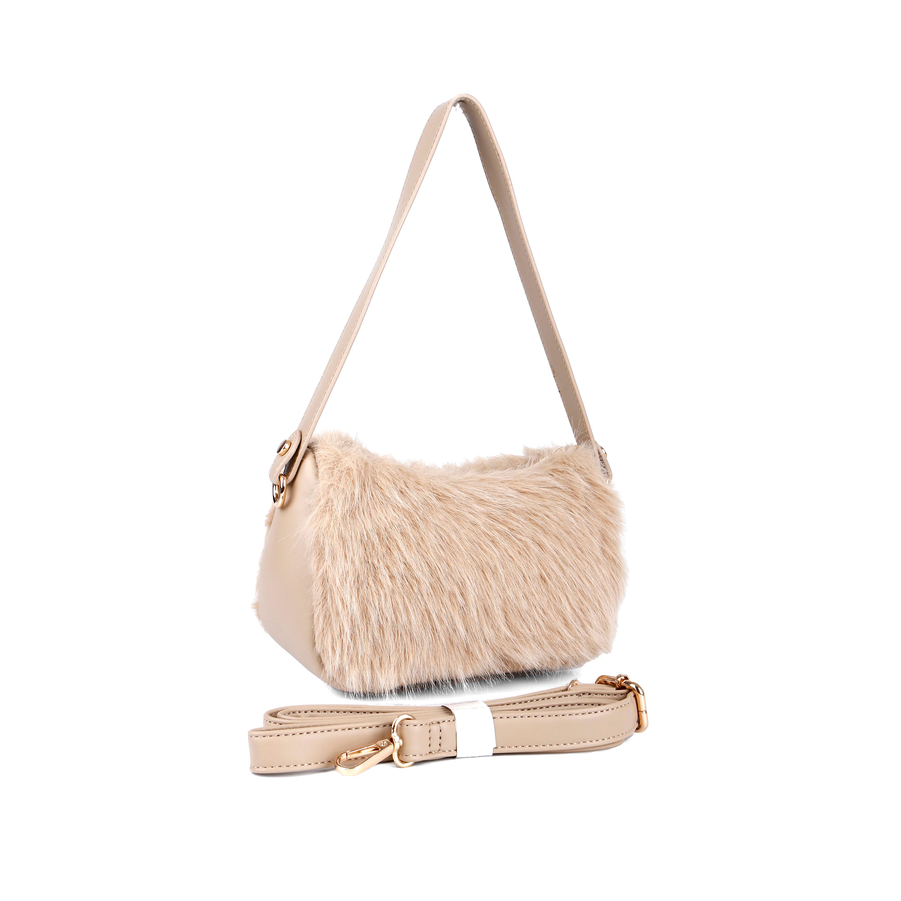 JFY Zip Top Closure Top Handle Faux Fur Clutch Bag