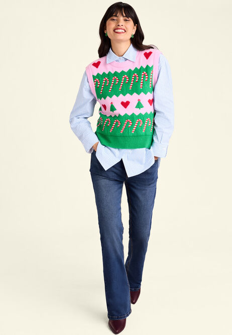 Womens Green Fairisle Candy Cane Christmas Jumper Vest