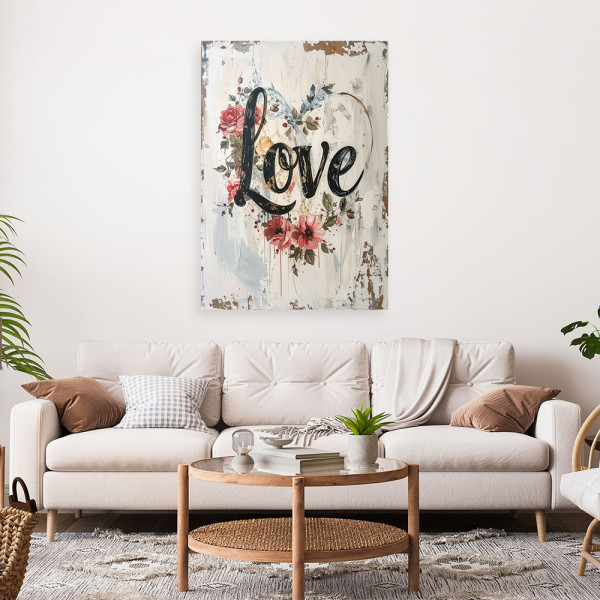 Obraz do salonu sypialni biura loftu, Napis Love róze w stylu shabby 20x30