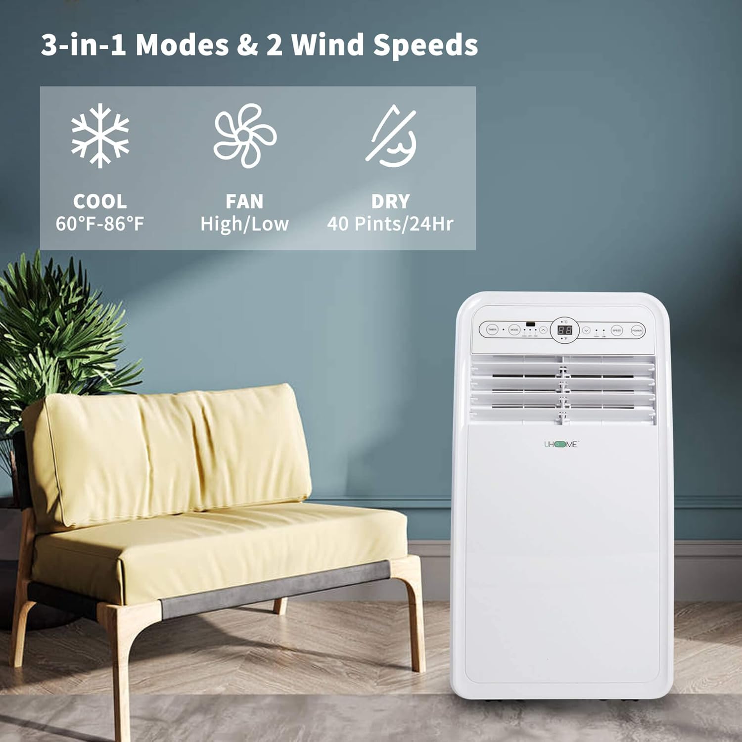 Uhome Portable Air Conditioner, 8000 BTU Compact AC Unit with Cooling, Dehumidifier, Fan, Remote Control and Window Mount Kit Included, White