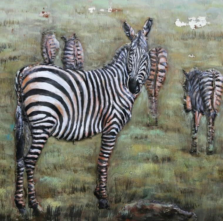 MÉTAL BRASS - Tableau relief en métal troupeau de zèbres 80x80