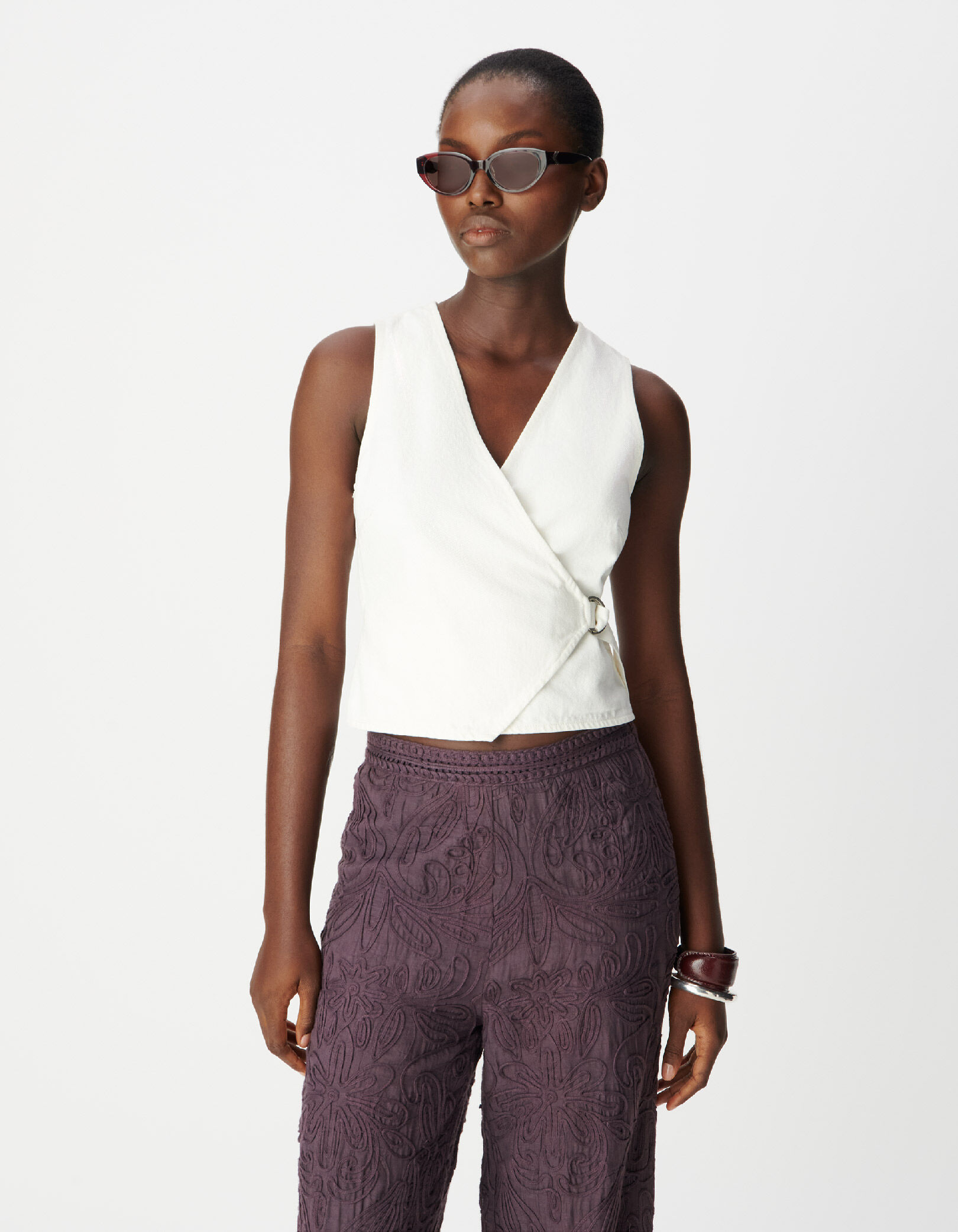 Top en jean écru à fermeture croisée Femme
