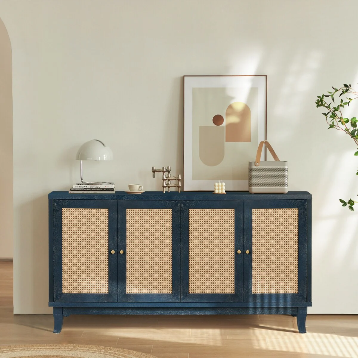 Roomfitters Handcrafted Premium Grain Panels,Rattan Sideboard Buffet Cabinet, Accent Storage Cabinet, Navy Blue - N/A