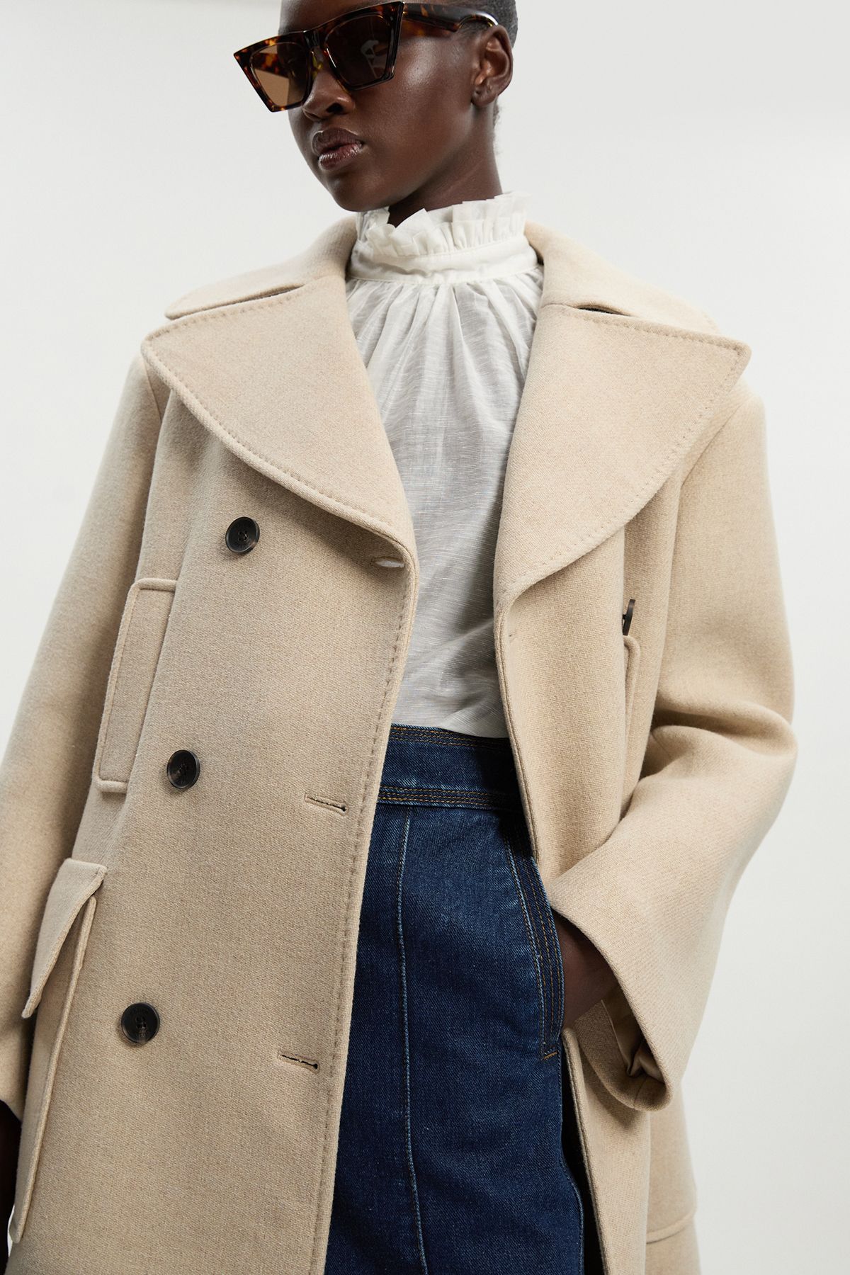 KarenMillen Wool Patch Pocket Tailored Midi Coat