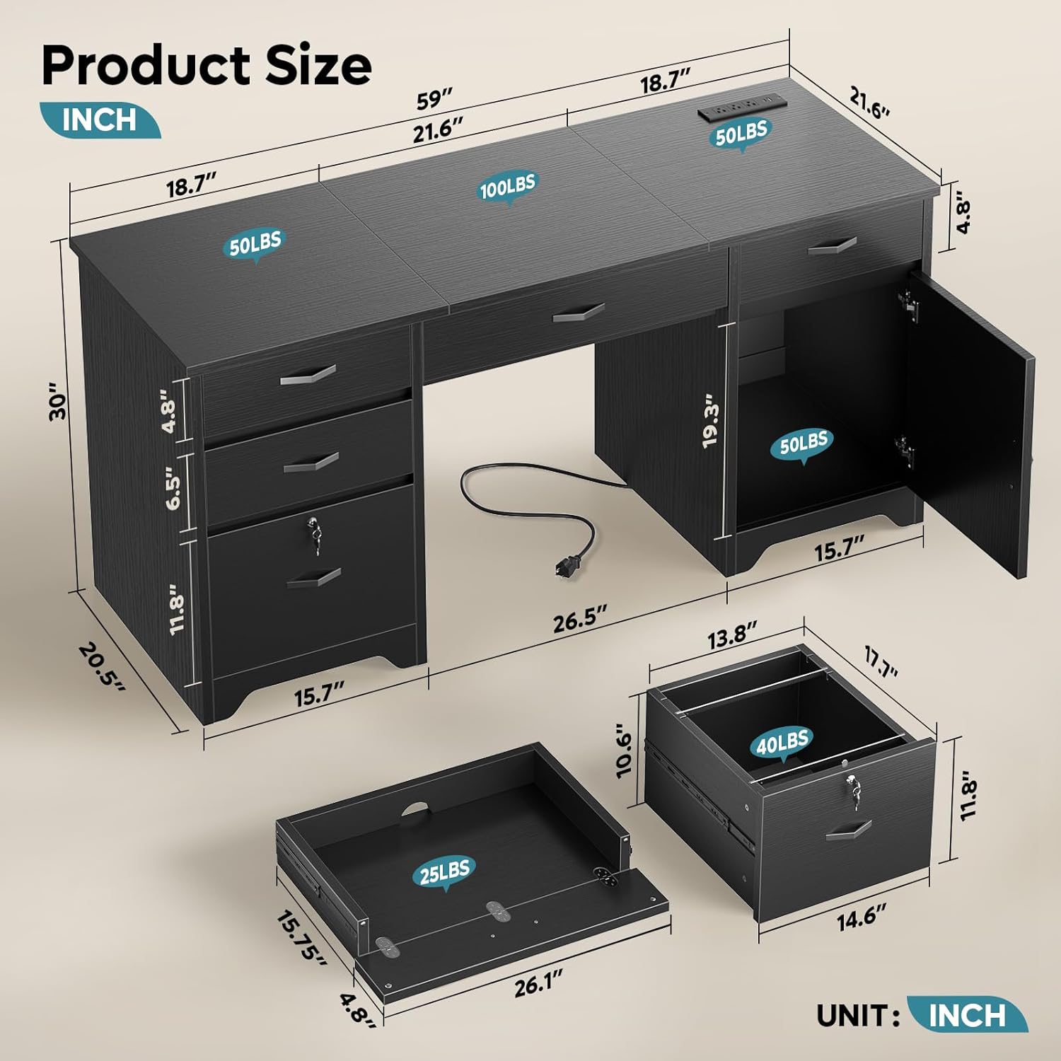 Bestier 59” Office Desk with Lockable Drawers, Modern Computer Desk with File Drawer, Charging Station & Drop-Front Keyboard Drawer, Executive Desk with Storage Cabinet for Home Office & Studio, Black