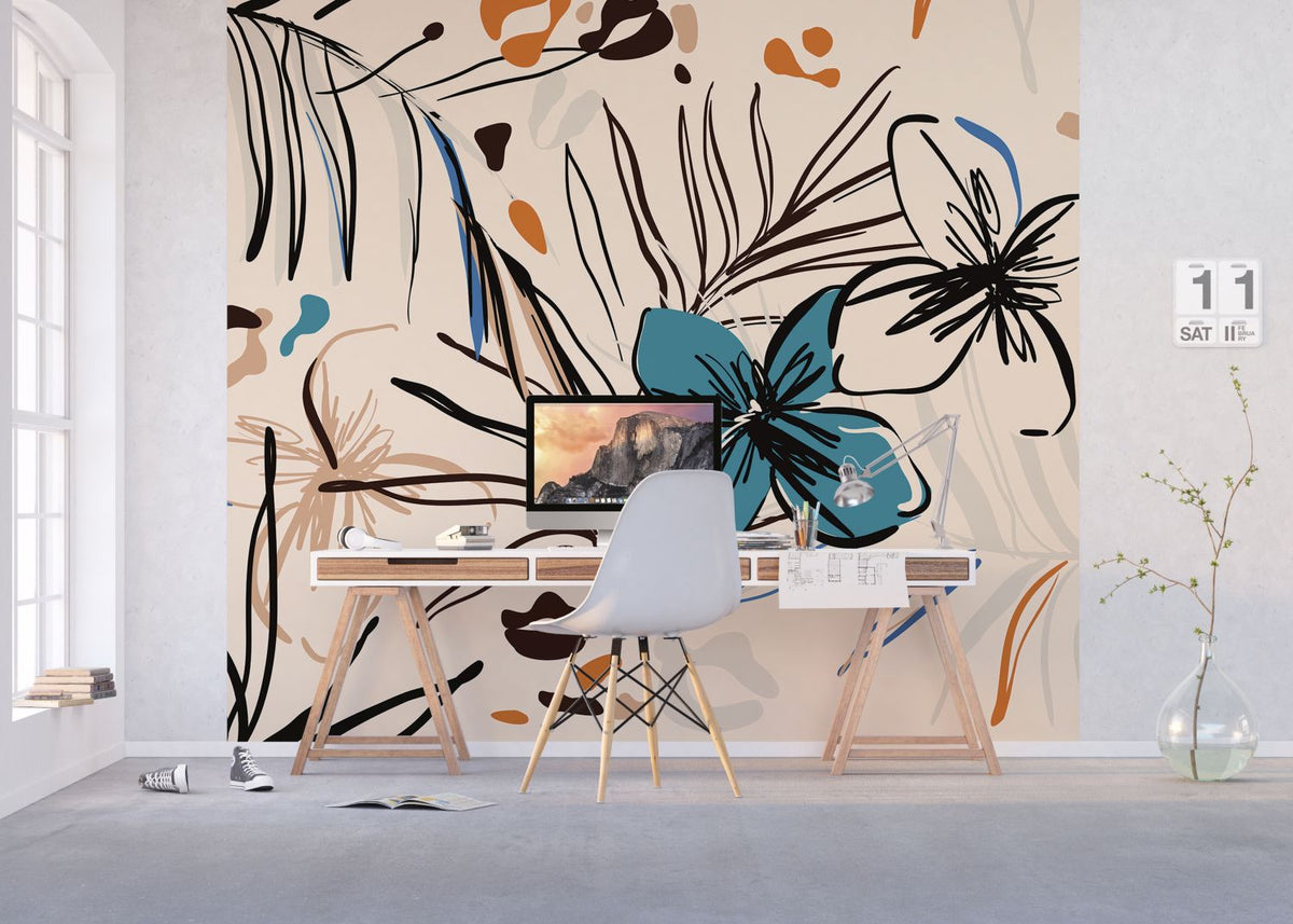 Sanders & Sanders fotobehang bloemmotief beige, blauw en oranje - 270 x 300 cm - 601181