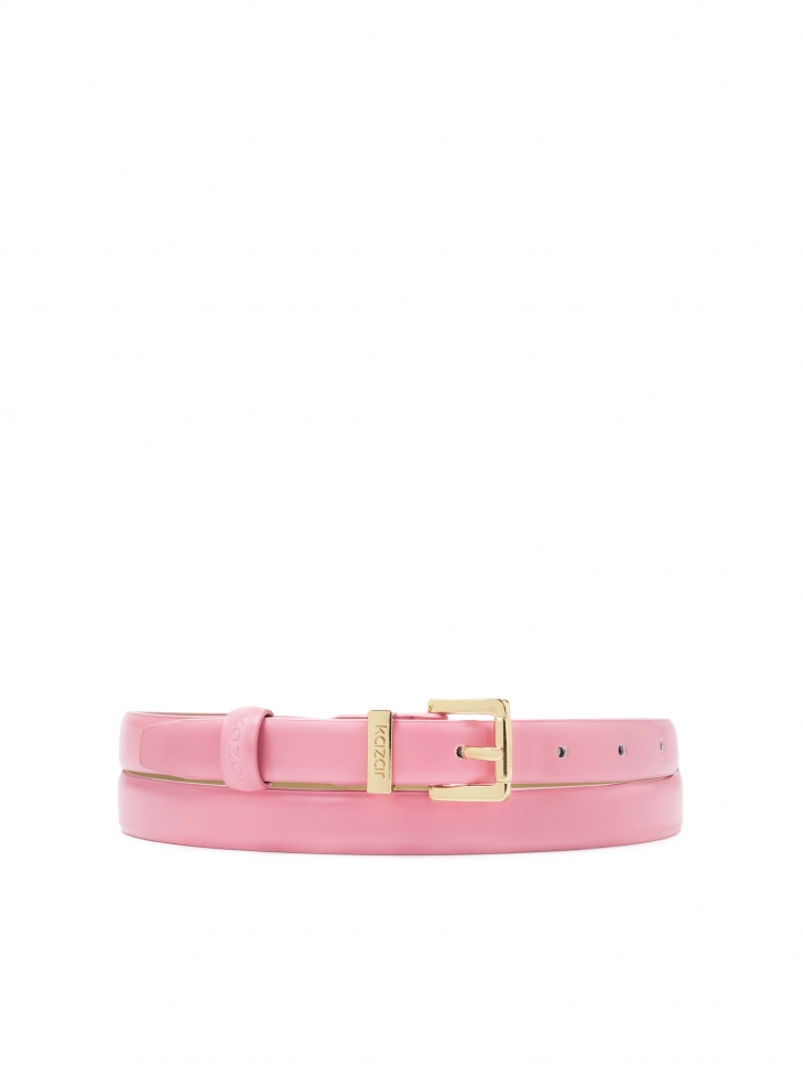 Narrow pink dress belt with gold buckle