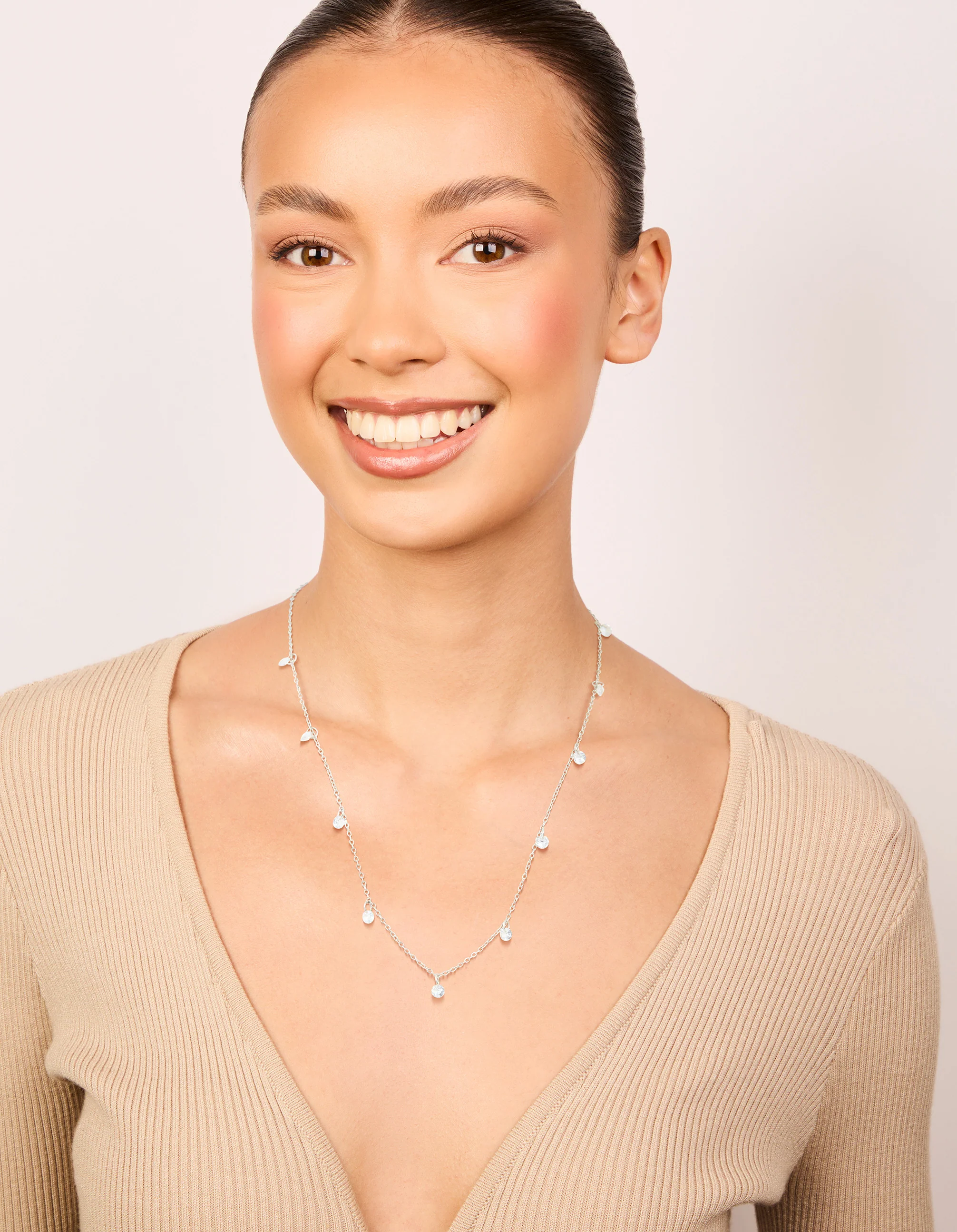 Waterproof Stainless Steel Cubic Zirconia Station Necklace