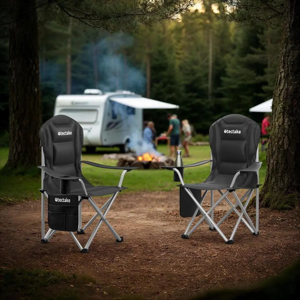 tectake Gestoffeerde campingstoel MTX, opvouwbaar, met bekerhouder, Zwart