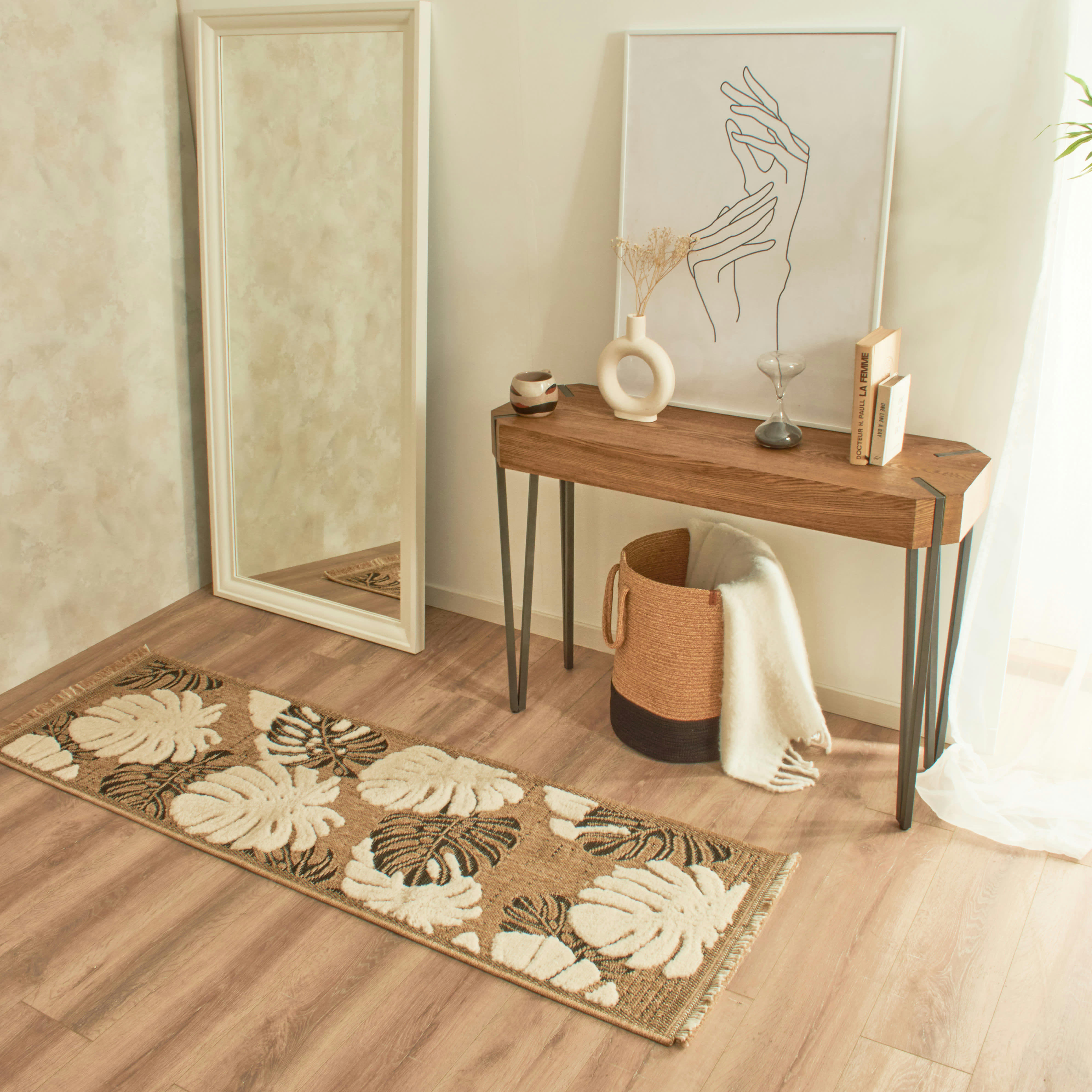 TULUM - Tapis intérieur et extérieur aspect jute feuille noir - 60x180