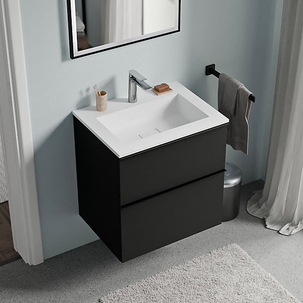 Meuble vasque suspendu MDF Noir mat, lavabo fonte Blanc mat   trou robinet, poignée Anthracite mat - 60x46x62cm - LAVOA