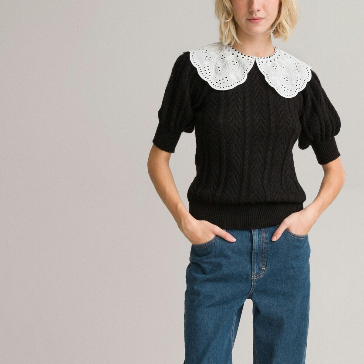 Pull 2 en 1 col claudine bi-matière