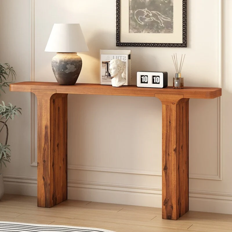 Minimalist Design Acacia Veneer Entryway Display Table, Hallway Rounded Corners Console Table, Elegant Sofa Table