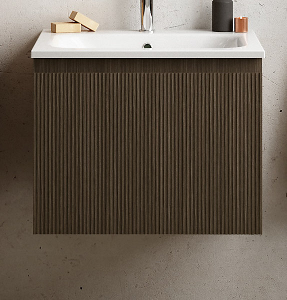 Meuble vasque suspendu plaqué noyer strié l.60 cm   plan vasque blanc mat résine, Pura