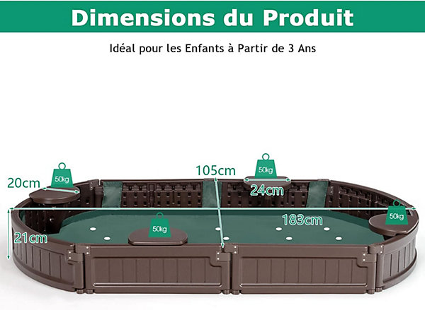 Bac à Sable pour Enfant Rond Ovale Bac à Sable avec 4 Sièges Banc Détachables Anti Poussière Ovale
