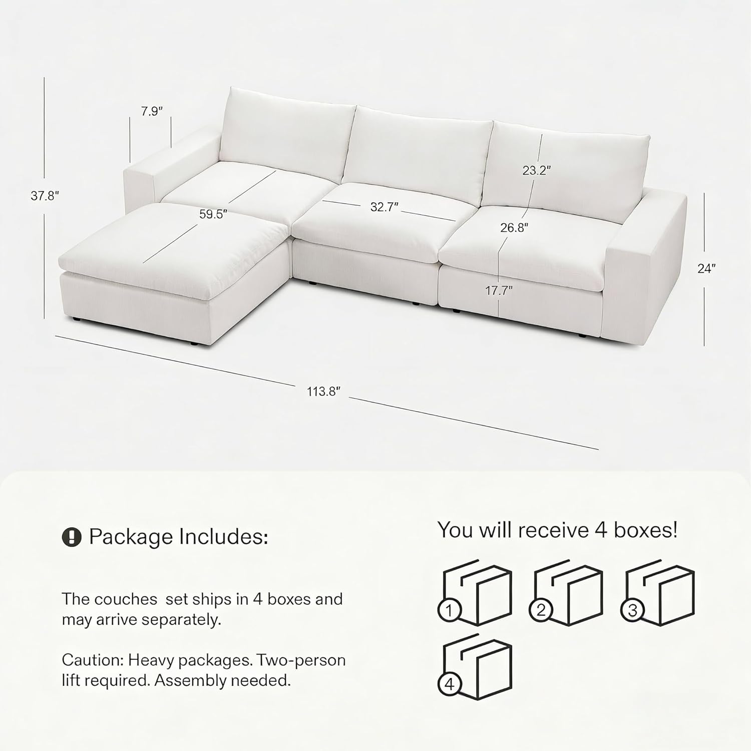Cloud Couch Sectional 113.8'' Oversized Modular Deep Seat Sofa L Shaped Comfy White Cloud Couch with Washable Cover for Living Room 3 Seater with 1 Ottoman