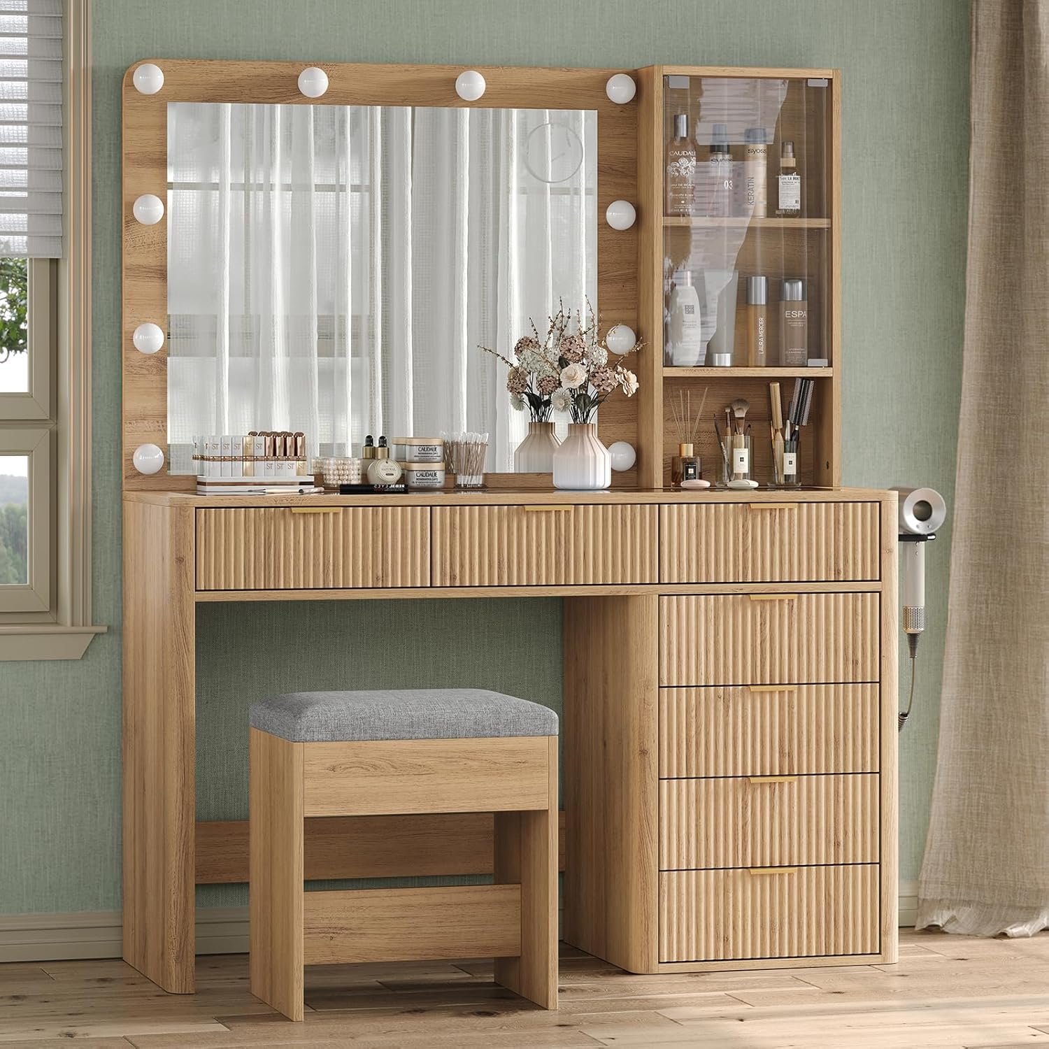 47 Fluted Vanity Desk with Mirror & LED Lights, 7-Drawer Makeup Vanity with Glass Top & Cabinet, Vanity with Chair & Charging Station, 3 Lighting Modes, for Bedroom, Natural Oak