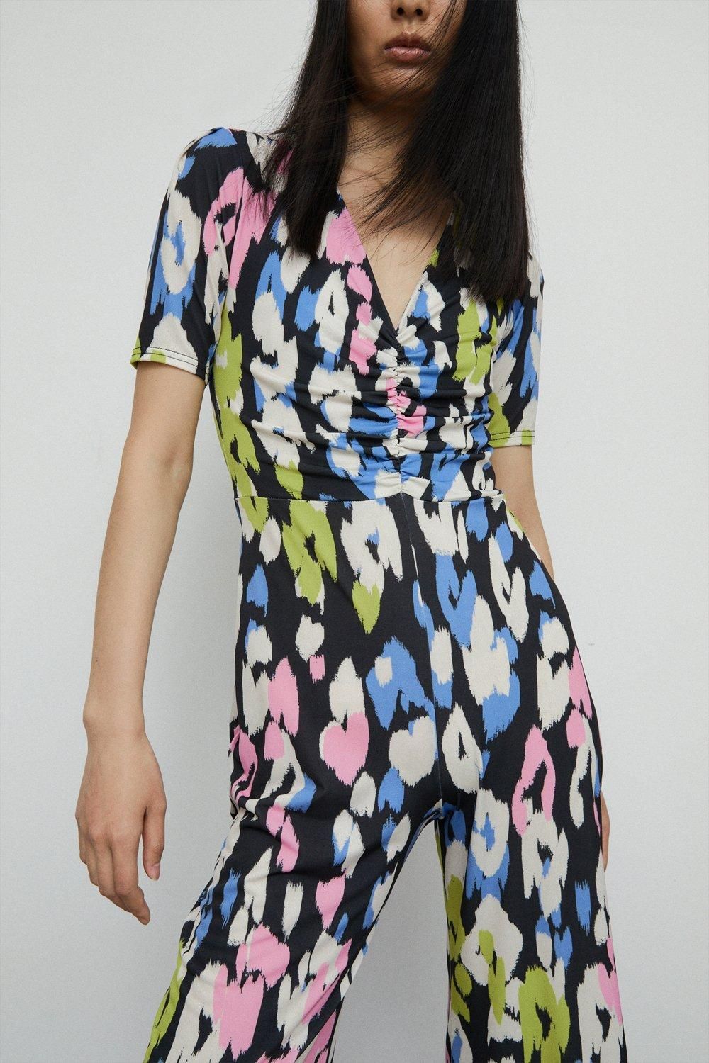 Warehouse Petite Printed Ruched Front Jumpsuit