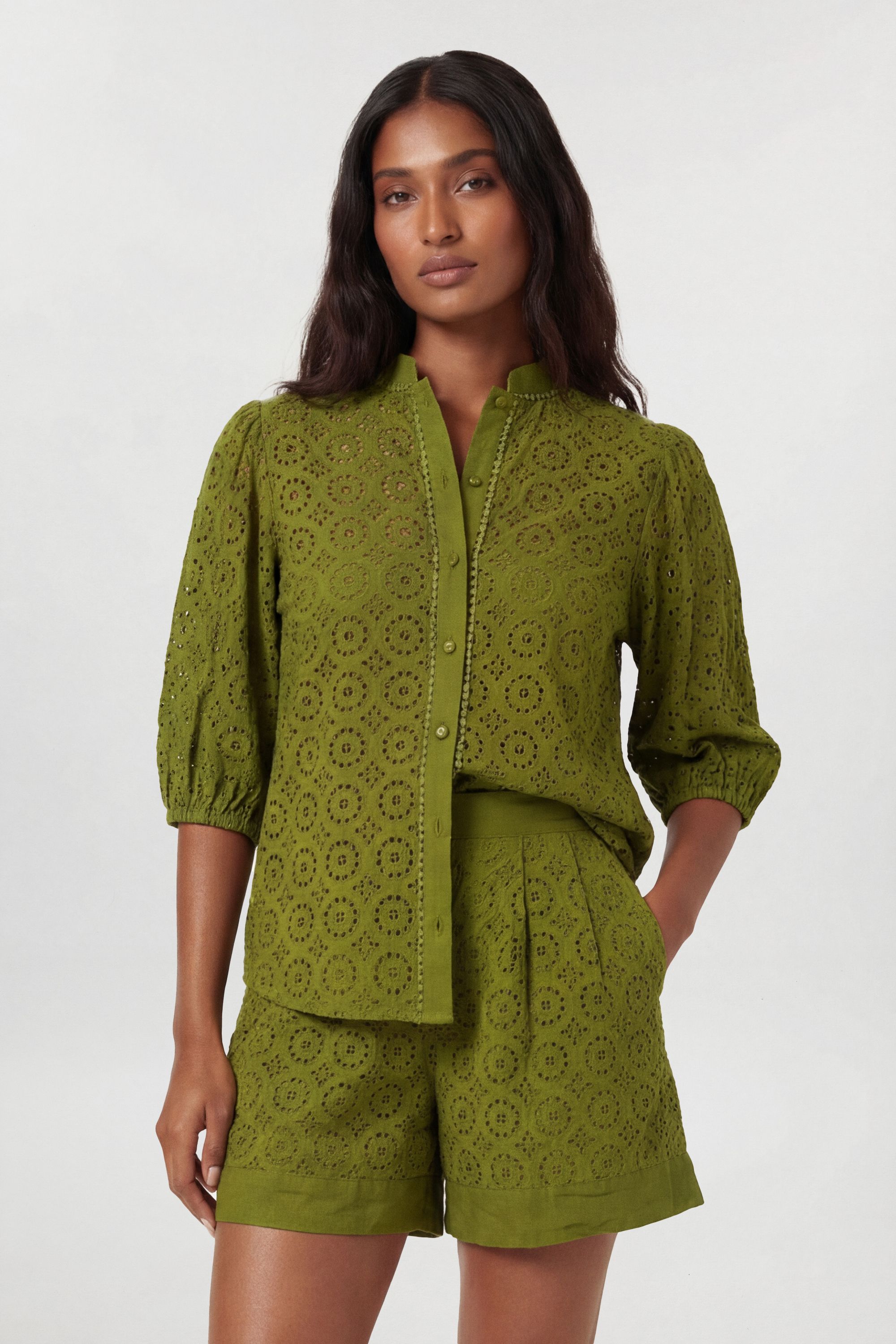 KarenMillen Cotton Broderie Woven Short Sleeve Blouse