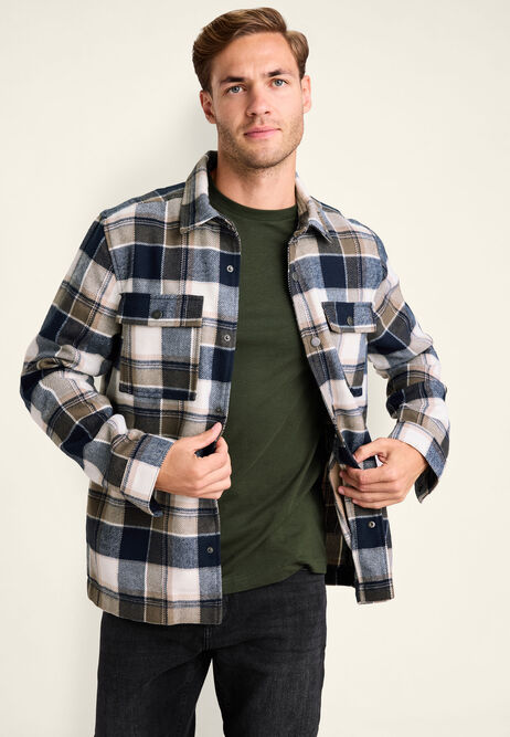 Mens Navy Check Brushed Long Sleeve Shirt