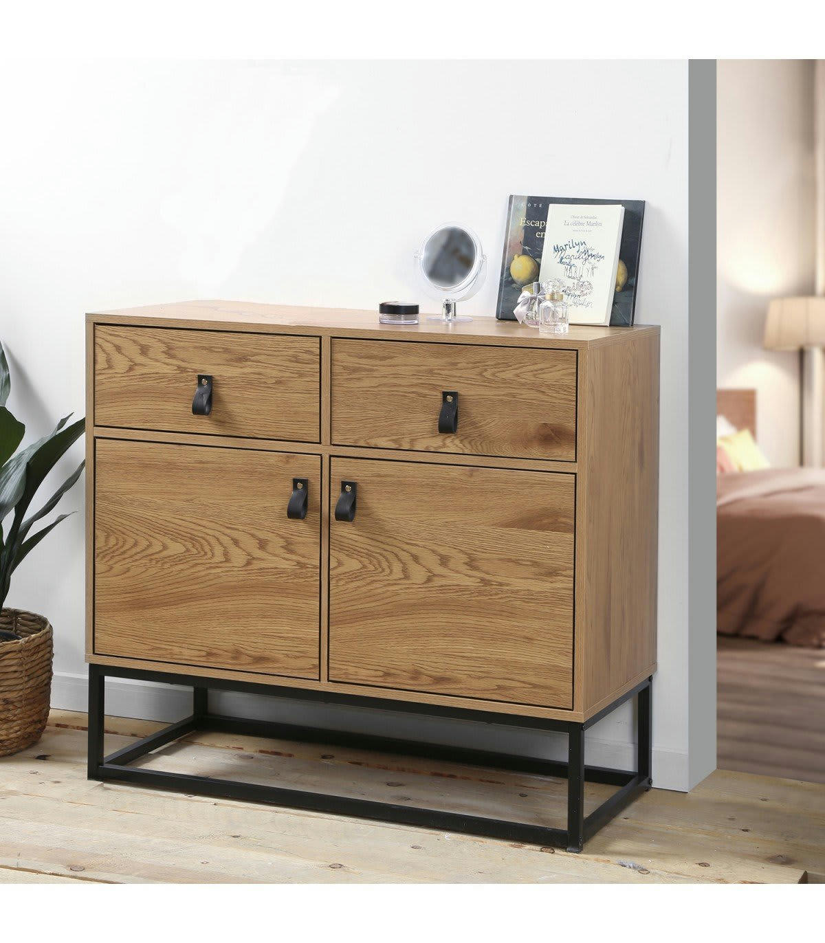 JILL - Commode 2 portes et 2 tiroirs décor chêne piétement métal noir
