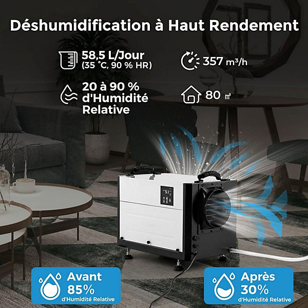 Déshumidificateur 58,5L/Jour,2 Méthodes Drainage, 24 Minuterie, 2 Modes, Panneau de Contrôle ,Blanc