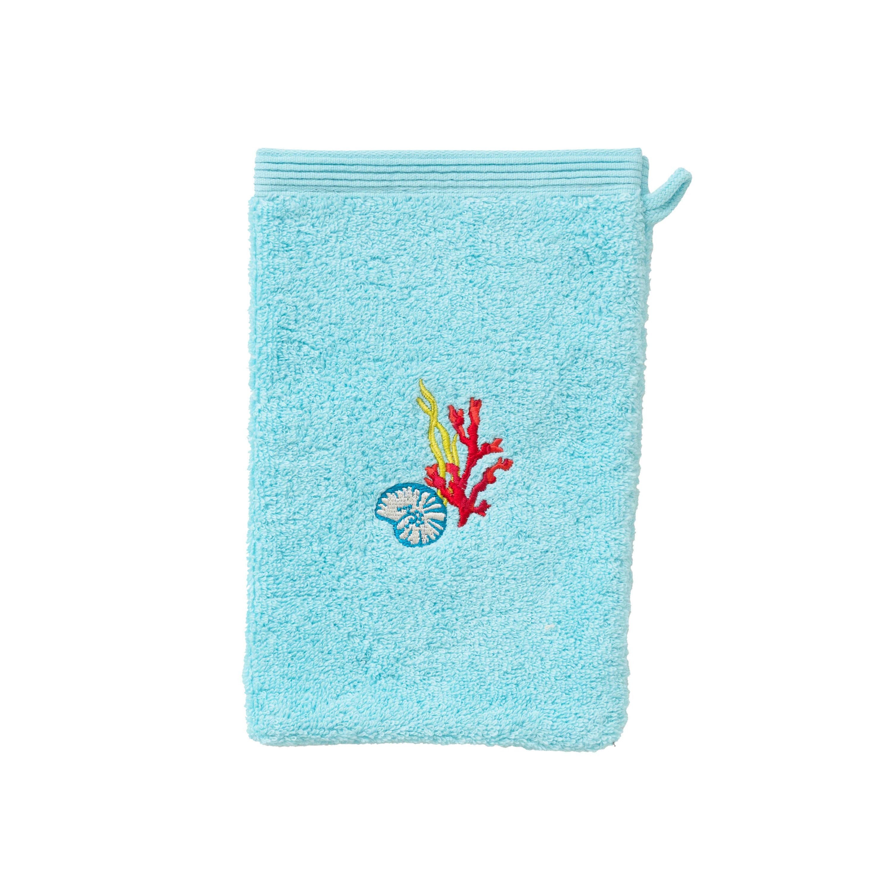 RECIF - Gant de toilette coton bouclette brodé bleu 15 x 21 cm