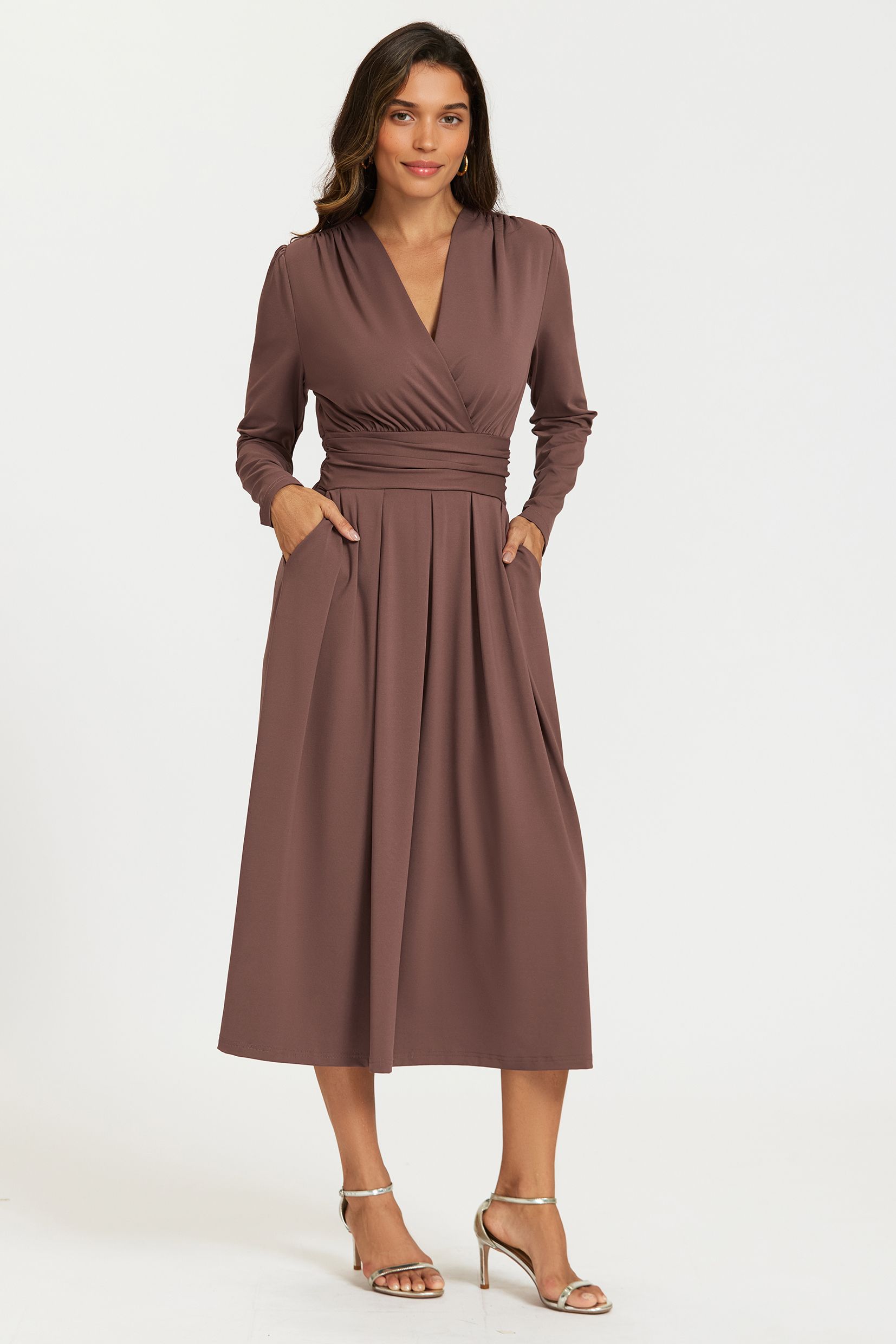 FS Collection Jersey Long Sleeve Midi Dress In Brown