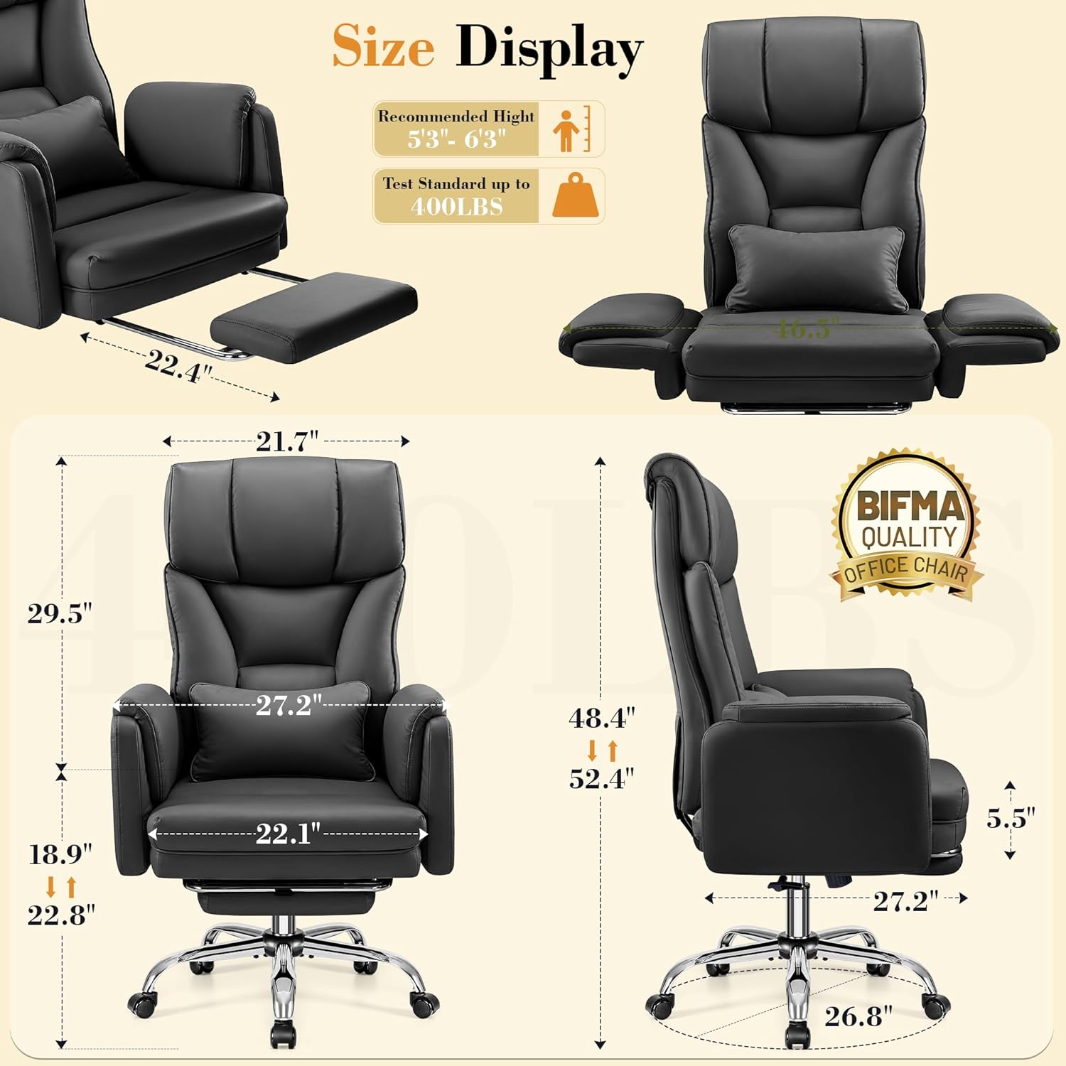 FelixKing Big and Tall Office Chair, 400LBS Wide Leather Executive Chair, Reversible Armrest for Pets Criss Cross Legged, 135° Reclining High Back Gaming Desk Chair with Lumbar Support Footrest, Black