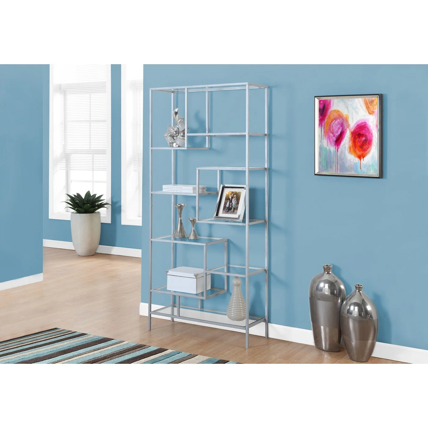 Modern 72H Metal Frame Etagere Bookcase, Contemporary 9 Tempered Glass Display Shelves Bookshelf, for Living Room