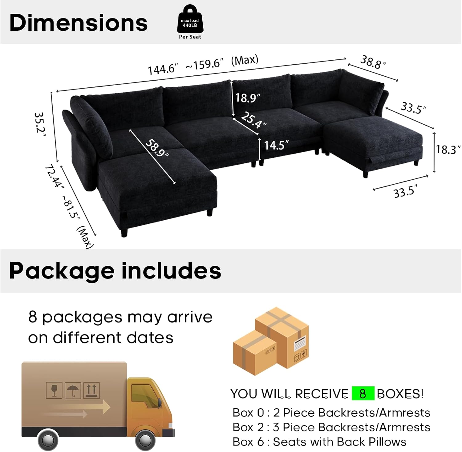 159 Oversized Cloud Couch Sectional with Storage, Extra Wide Deep Modular Sectional Sofa for Living Room with Adjustable Arms, High Back, U Shaped, 6 Seater, Dark Grey Chenille | Extra Large Seat, Thick Plush Cushion, FSC Certified Fabric