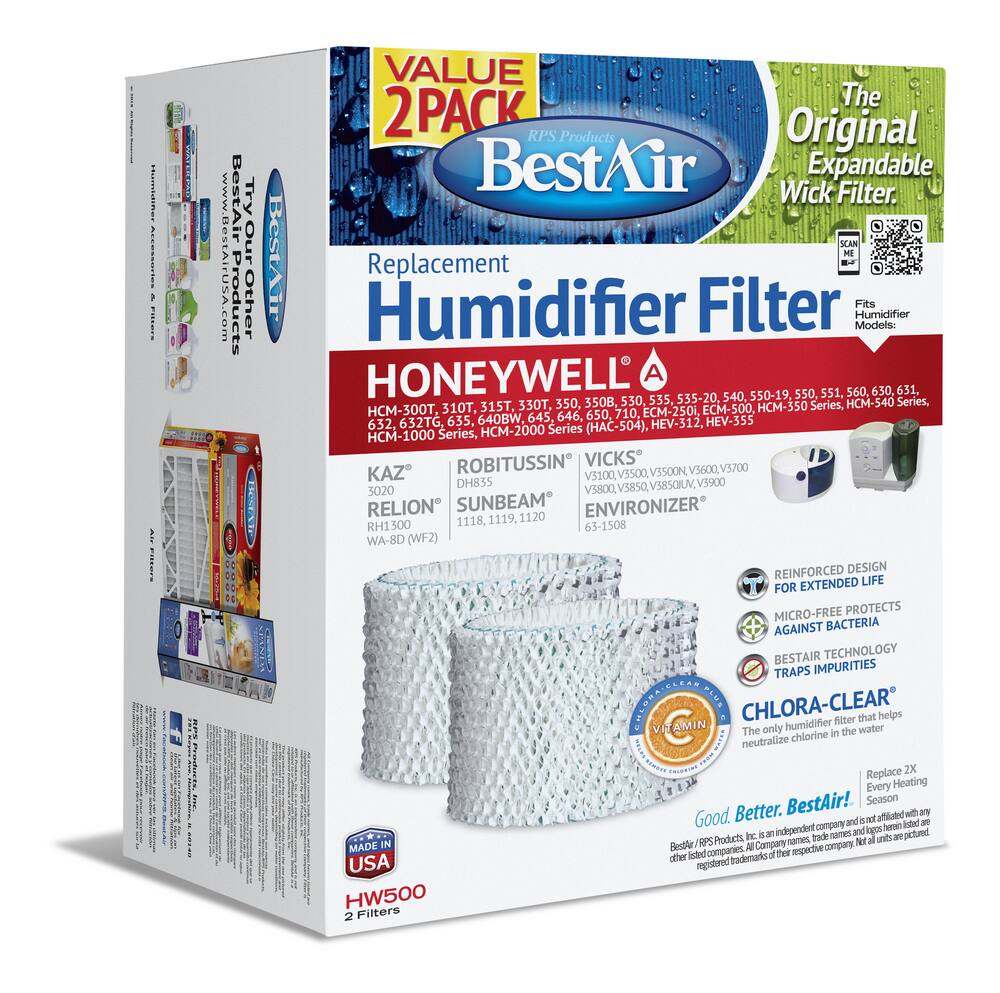 BestAir HW500-2PK Humidifier Replacement Wick Filter Value Pack For Honeywell Humidifiers, White, 2-pk