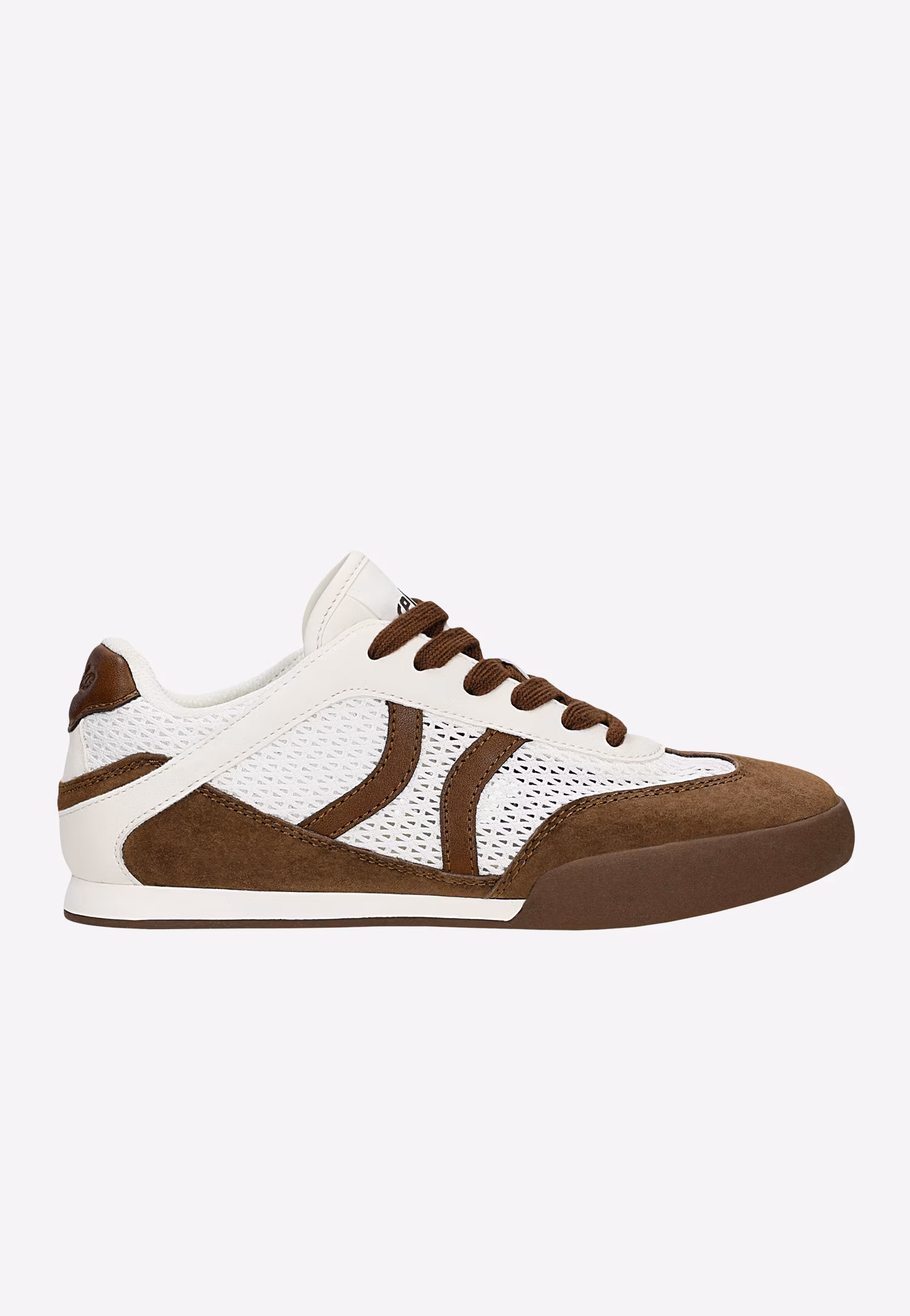 Beżowo-brązowe sneakersy damskie w stylu retro z ażurową cholewką RELAKS