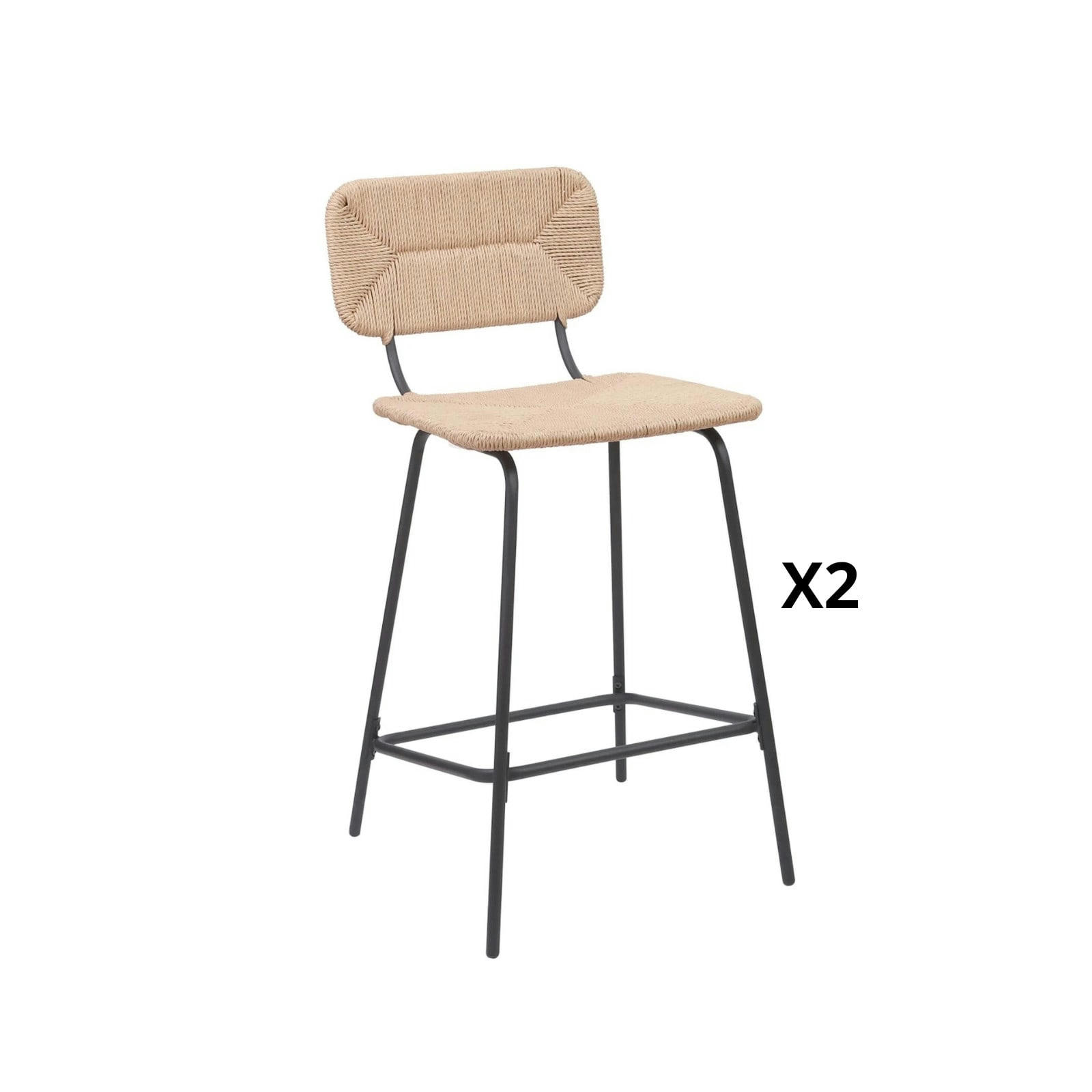 NEMA - Lot de 2 tabourets d'ilot 65 cm en métal et rotin synthétique  Naturel